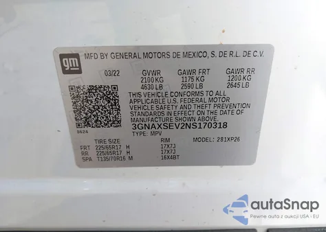 2022 Chevrolet Equinox Awd Ls из США, поврежденный, VIN 3GNAXSEV2NS170318